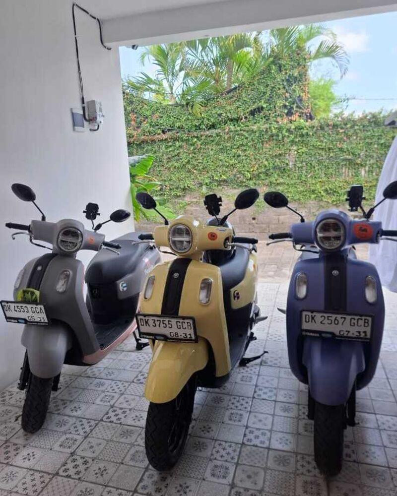 Three Yamaha Fazzio motorbikes at Lucky Rental Bike shop on Jl. Sari Dewi, Seminyak