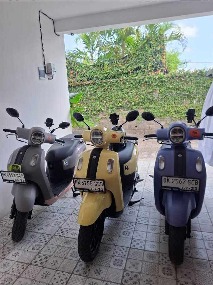 Three Yamaha Fazzio motorbikes at Lucky Rental